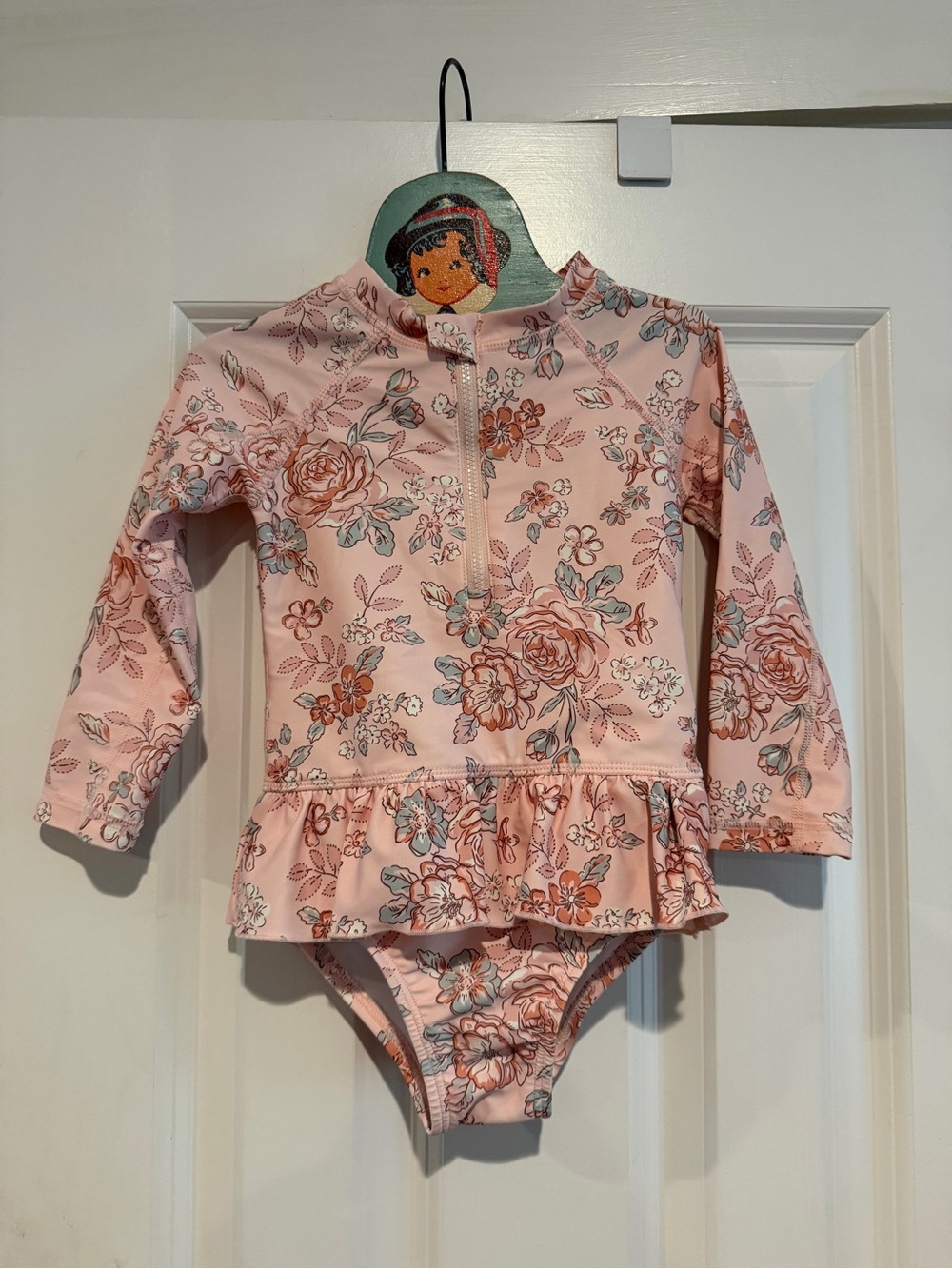 Girls' Pink Floral Long-Sleeve Swim Suit with Ruffle